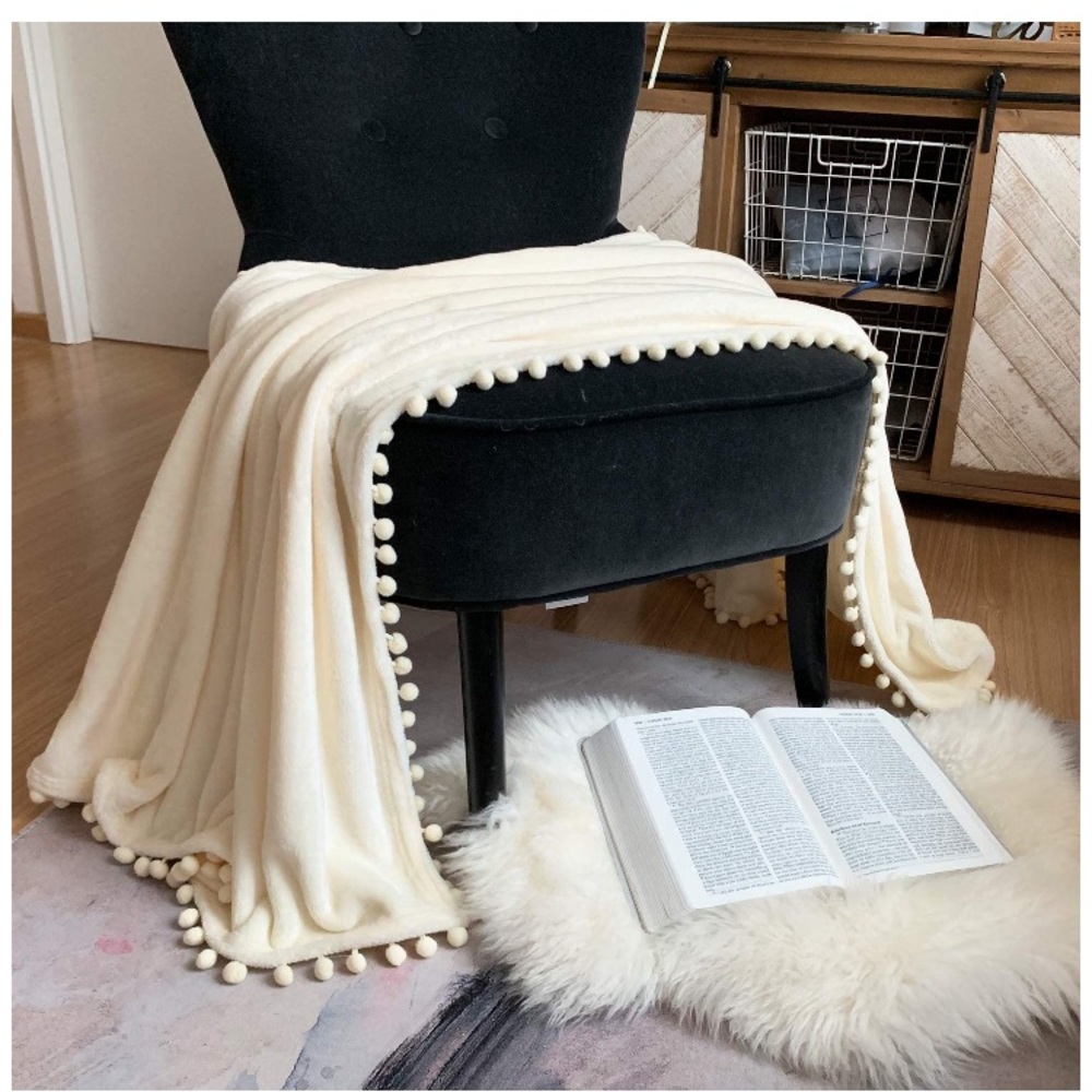 Light Cream Neutral Trendy Cute Pompom Fringe Chic Cozy Soft Throw Blanket - Picture 2 of 16